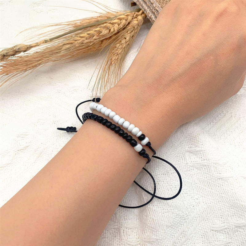 [Australia] - Pinky Promise Bracelet Set Long Distance Matching Friendship Handmade BFF Bracelet for Best Friends Couple Family Women Mens Teen Girls Sisters Lovers Black and white beads 