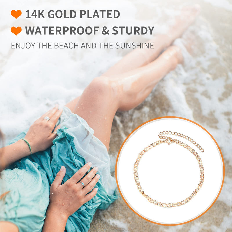 [Australia] - Freeprance Ankle Bracelets for Women,14K Gold Plated Anklet,Girls Gold Ankel Bracelet, Boho Jewelry for Women, Beach Dainty Cute Foot Jewelry Chain A: Flat Marina Chain 