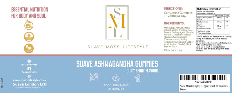 [Australia] - Suave Moss Lifestyle | Ashwagandha and L-Theanine Gummies with Rhodiola and Black Pepper Extract. 60 Gummies. 