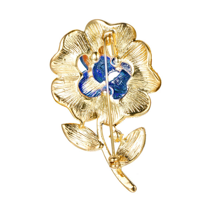 [Australia] - Flyonce Crystal Flower Brooch Fashion Charm Floral Bud Broach Pin for Wedding Bnaquet Gold-Tone Blue 