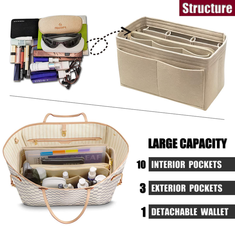 [Australia] - Purse Organizer Insert with Zipper Felt Bag Organizer Handbag Organizer Insert Bag In Bag Organizer with Key Chain for Tote Fits LV Speedy Neverfull Longchamp Rose XLarge (Small, Beige) Small 