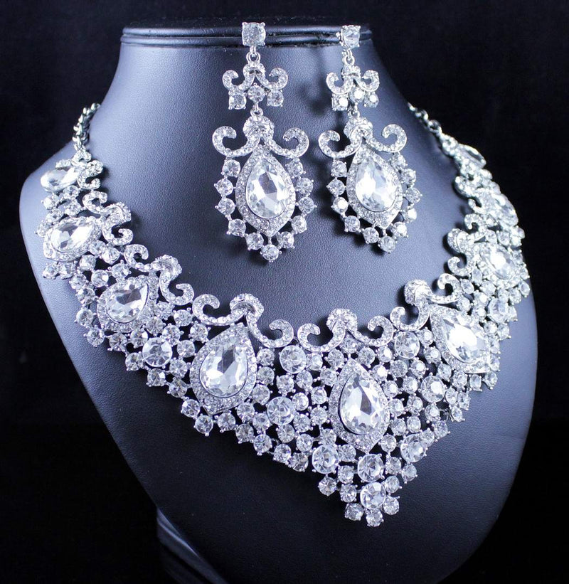 [Australia] - STUNNING CLEAR AUSTRIAN RHINESTONE CRYSTAL NECKLACE EARRINGS SET N12187 SILVER 