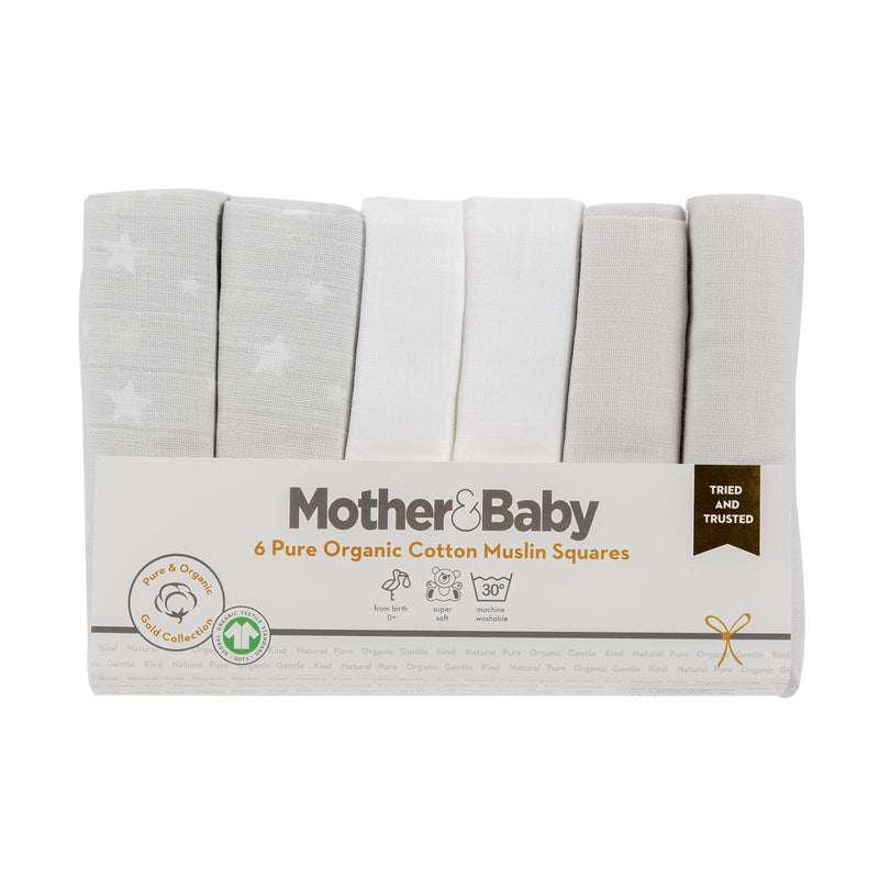 [Australia] - Mother&Baby 100% Organic Cotton Muslins for Baby - Burping Square Cloths Pack of 6 - Ideal as Light Swaddle Blanket - Super soft fabric (Grey & White) Grey & White 