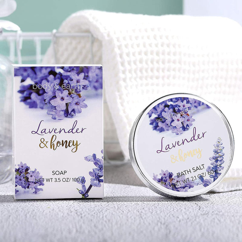 [Australia] - BODY & EARTH Bath and Body Gift Set - 8 Pcs Spa Gift Sets with Lavender & Honey Scent, Includes Shower Gel, Bubble Bath, Shampoo Bar and More, Bath Sets for Women Gifts, Xmas, Birthday Gifts for Her 