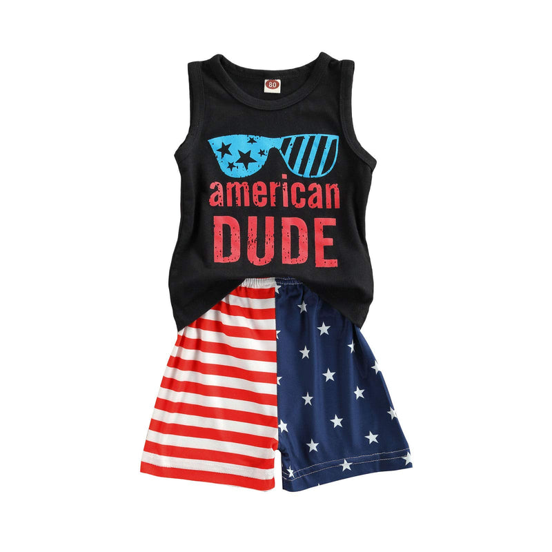 [Australia] - Kids Toddler Baby Boy Independence Day Outfit Short Sleeve Vest Tank Tops with Star Shorts Set 2Pcs Summer Clothes Set Black 6-9 Months 
