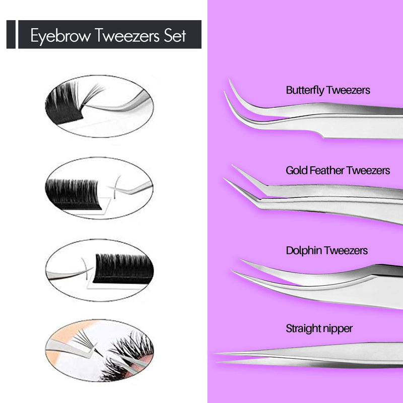 [Australia] - beTWEEX Eyebrow Tweezers Set False Eyelash Extension Tool Kits Eyebrow Trimmer Stainless Steel Eyelashes Bent Point Tip Tweezers Set Straight Nipper Dolphin Tweezers for Facial/Ingrown Hair and Case 