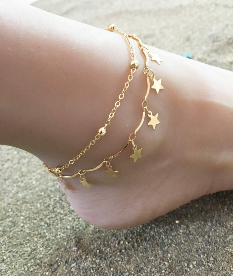 [Australia] - Jovono Boho Star Tassels Anklets Multilayered Anklet Bracelets Beach Foot Jewelry for Women and Girls (Gold) Gold 