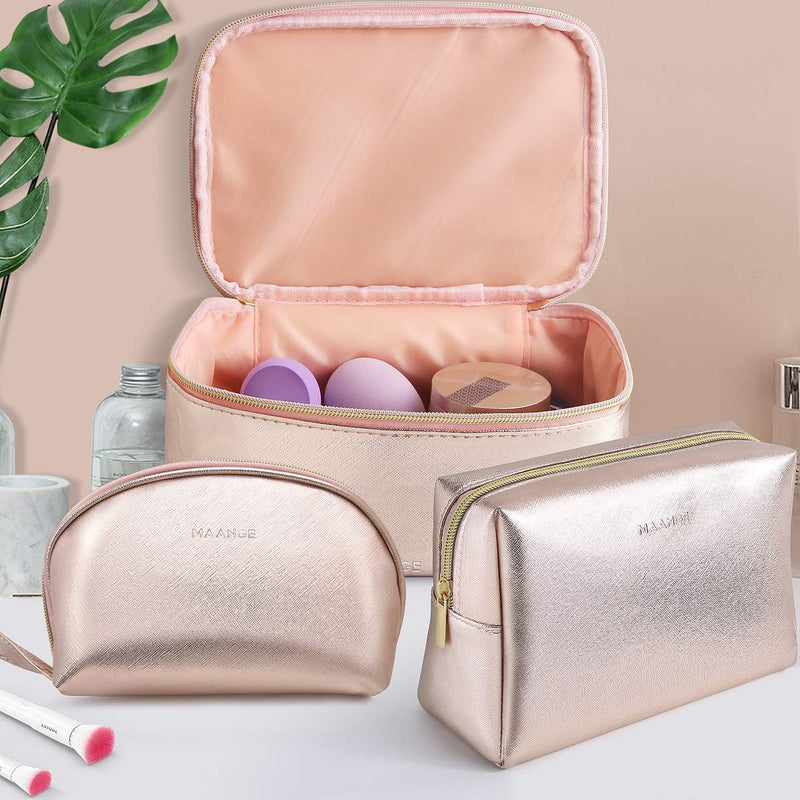 [Australia] - MAANGE 3 Pcs Makeup Bag Portable Travel Cosmetic Bag Large Makeup Bag Organizer with Gold Zipper Waterproof Toiletry Bags for Women and Girls(Rose Gold) 