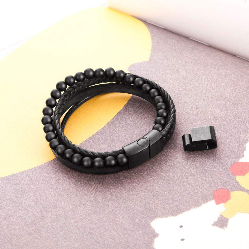 [Australia] - murtoo Mens Bead Leather Bracelet, Natural Bead, Steel and Leather Bracelet for Men black 