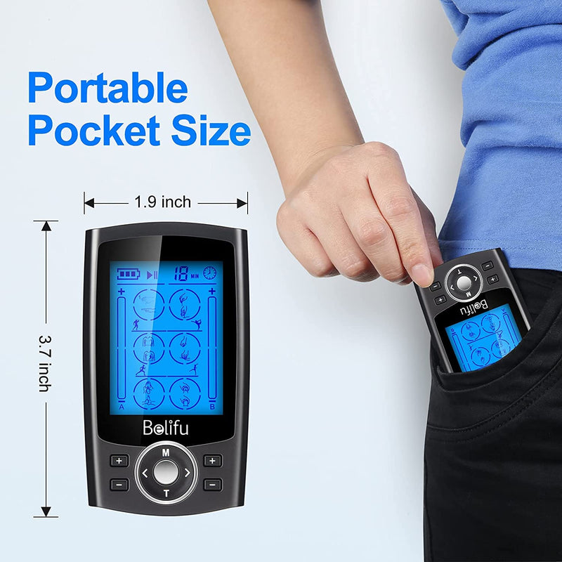 [Australia] - Belifu Dual Channel TENS EMS Unit 24 Modes Muscle Stimulator for Pain Relief Therapy, Electronic Pulse Massager Muscle Massager with 10 Pads, Dust-Proof Drawstring Storage Bag，Fastening Cable Ties… Black 