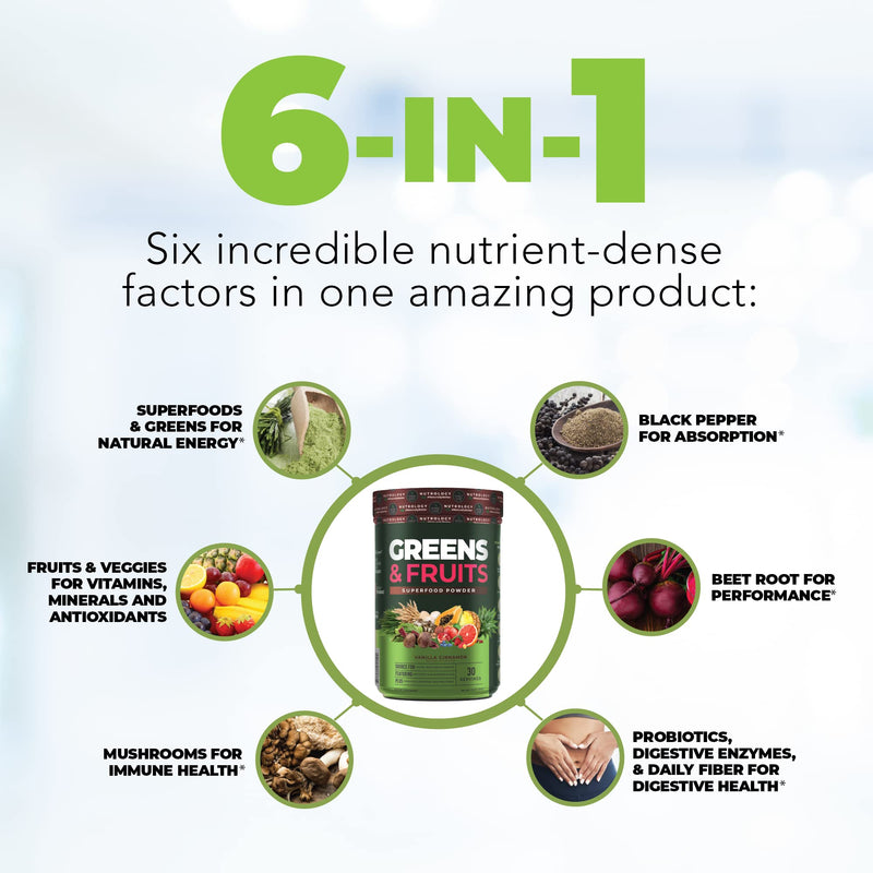 [Australia] - Greens & Fruits-Naturally Sourced Fruits, Vegetables, Greens, Beet Powder & Mushroom Blend - Probiotics, Digestive Enzymes, Fiber, Antioxidants, Immune Support - Vanilla Cinnamon-30 Servings 