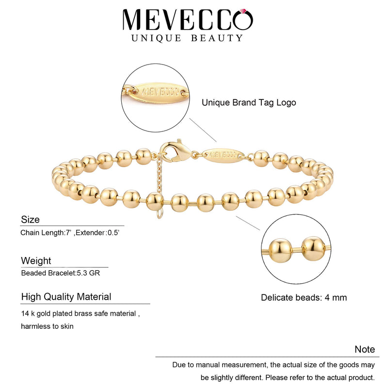 [Australia] - MEVECCO Gold Beaded Bracelets,18K Gold Plated Handmade Cute Satellite Diamond Cut Oval and Round Beads Rope Chain Dainty Bracelet for Women Beads 4mm 