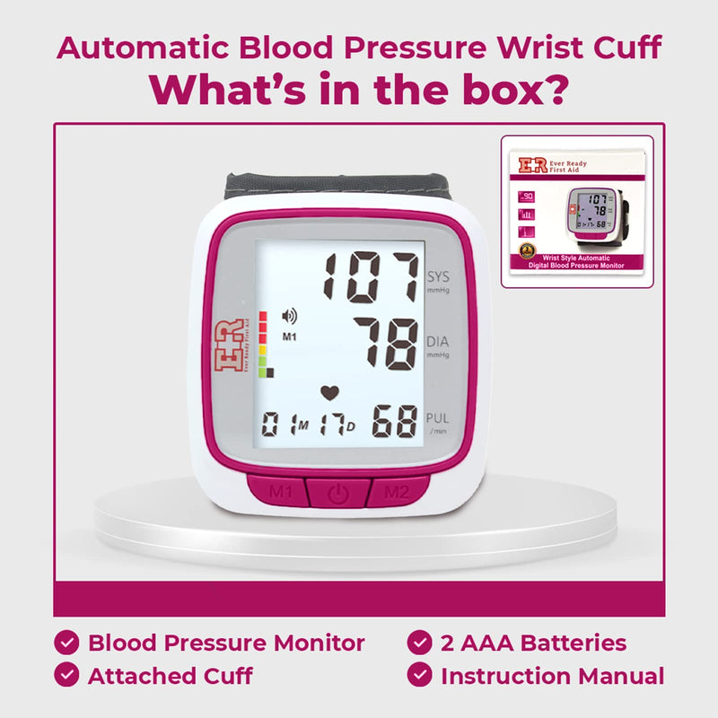 [Australia] - Ever Ready First Aid Fully Automatic Blood Pressure Wrist Cuff Watch Wearable Monitor - Pink- Batteries Included 