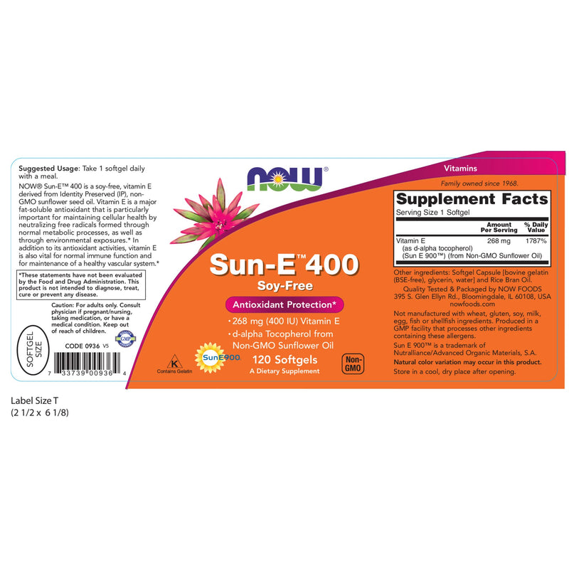 [Australia] - NOW Supplements, Sun-E™ 400 IU with d-alpha Tocopherol from Non-GMO Sunflower Oil, 120 Softgels 