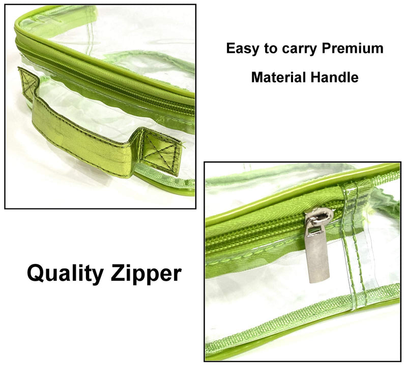[Australia] - 3 AZi TSA Approved Toiletry Bag Crystal Clear w Zipper Green Handle 3-1-1 Carry On Airport Airline Compliant Bag Stadium Travel Cosmetic Makeup First Aid Medication Charger Organizer Gym School Locker 