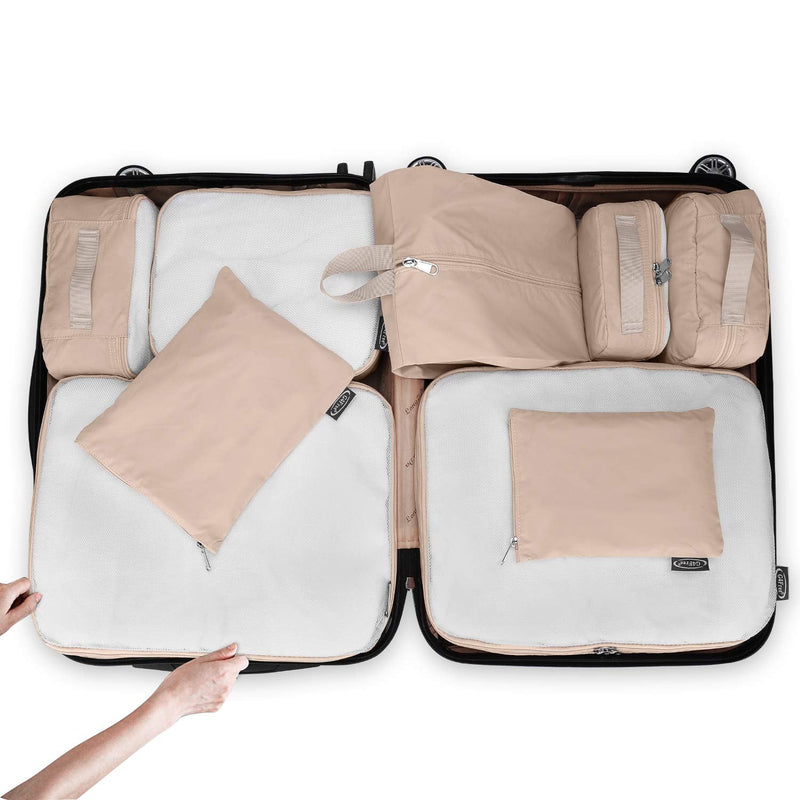 [Australia] - G4Free 9 pcs Packing Cubes Mesh Travel Luggage Bag Set Packing Organizer (2l+m+slim+2toiletry Bag+shoes Bag+2laundry Bag)beige 