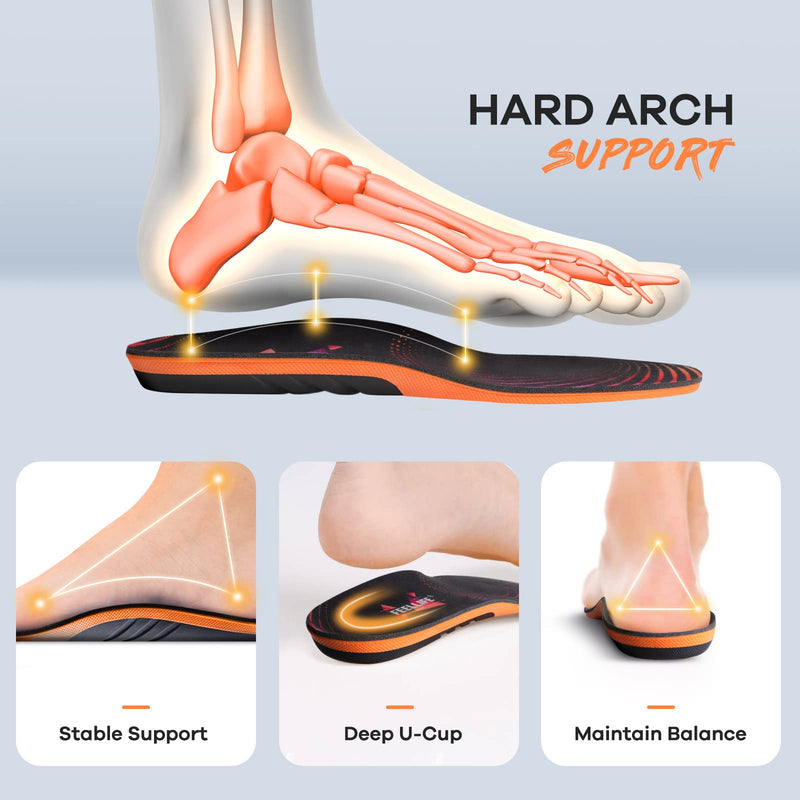 [Australia] - FeelLife Plantar Fasciitis Relief Shoe Inserts, Arch Support Insoles, Running Athletic Gel Shoe Insoles, Orthotic Insoles for Arch Pain, Trim to Fit: Men 8-11/Women 9-12, 1 Pair Black & Orange L(Men 8-11/Women 9-12) 
