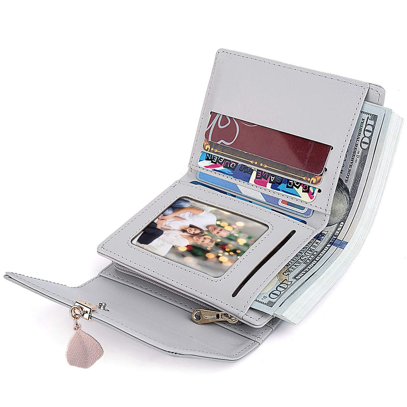 [Australia] - UTO Ladies Card Purse Small Wallets for Women Leaf Pendant 5 Slots 1 Photo Window Zipper Coin Pocket PU Leather Grey New Version 