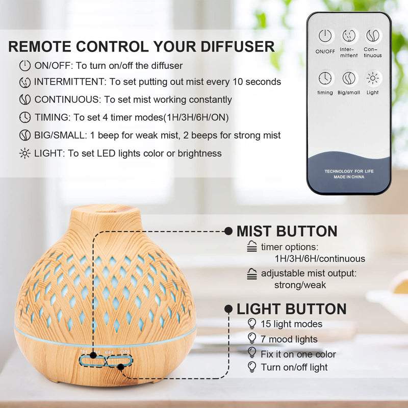 [Australia] - 400ML Essential Oil Diffuser, Remote Control Diffusers for Essential Oils, Electric Ultrasonic Air Humidifier, Aromatherapy Diffuser with Waterless Auto-Off A-yellow 