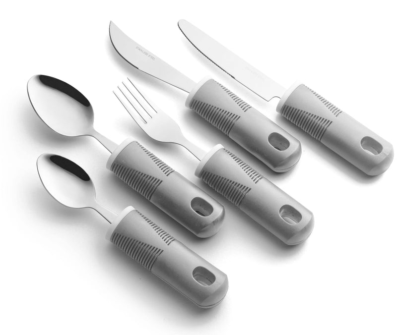 [Australia] - Special Supplies Adaptive Utensils (5-Piece Kitchen Set) Wide, Non-Weighted, Non-Slip Handles for Hand Tremors, Arthritis, Parkinson’s or Elderly Use - Stainless Steel Knives, Fork, Spoons - Grey 