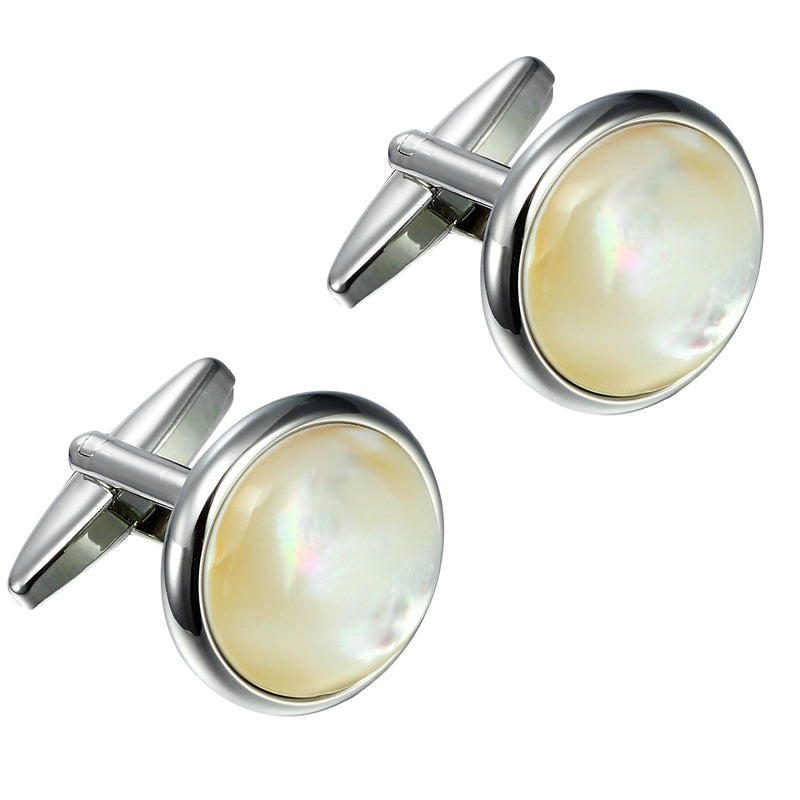 [Australia] - Urban Jewelry Unique 316L Stainless Steel Men's Round Cufflinks with Real Shell (Silver) 