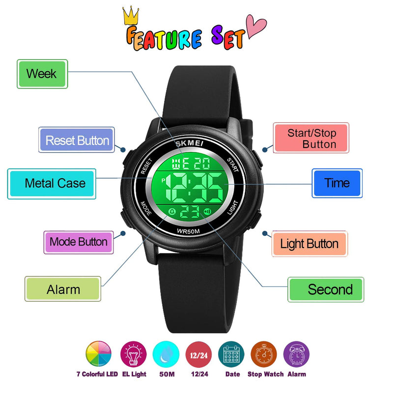 [Australia] - YxiYxi Kids Digital Sport Waterproof Watch for Girls Boys Kid Sports Outdoor 7 Colorful LED Electrical Watches with Luminous Alarm Stopwatch Child Wristwatch Ages 5-12 Black 
