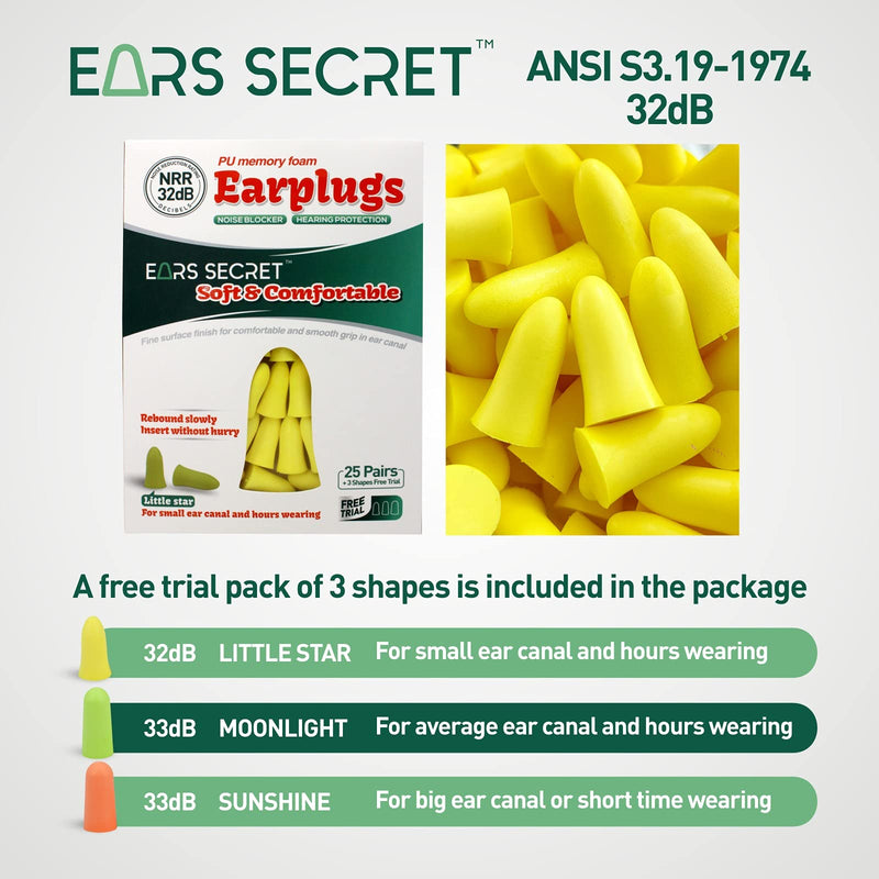 [Australia] - EARS SECRET Sleep Ear Plugs for Side Sleepers 25pairs NRR32 Soft Foam Earplugs for Women Snore Solution Extra Small Ear Canal for Sleeping Noise Canceling Sound Blocking Little Star SMALL Size Little Star 25 Pairs 