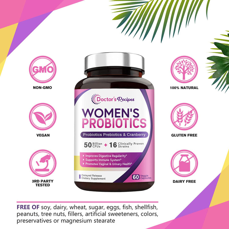 [Australia] - Doctor's Recipes Women’s Probiotic, 60 Caps 50 Billion CFU 16 Strains, with Organic Prebiotics Cranberry, Digestive Immune Vaginal & Urinary Health, Shelf Stable, Delayed Release, No Soy Gluten Dairy 60 Count (Pack of 1) 