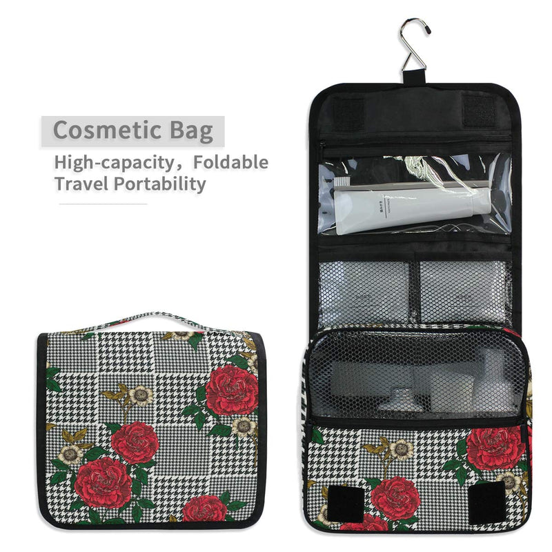 [Australia] - CUTEXL Cosmetic Bag Geometric Floral Flower Rose Plaid Large Hanging Wash Gargle Bag Portable Travel Toiletry Bag Makeup Case Organizer for Women Lady 