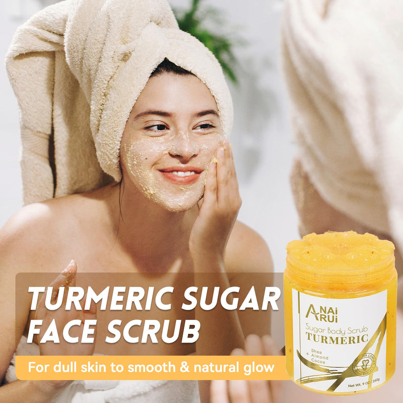[Australia] - ANAiRUi Turmeric Body Scrub, Glow Face Real Sugar Scrub for & Hyperpigmentation Dark Spots, Exfoliating, Moisturizing Glowing Sweet Orange Scent, 260 g (Pack of 1), 9.0 fluid_ounces 