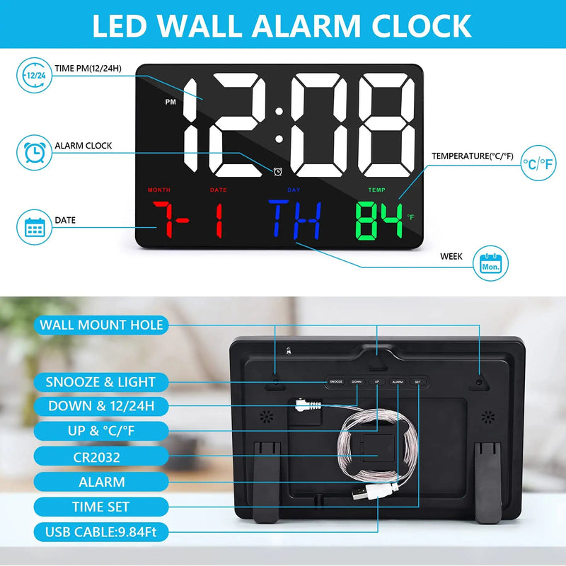 [Australia] - Amgico Digital Wall Clock ,11.4" Digital Clock Large Display,Adjustable Brightness Digital Alarm Clock with Temperature,Remote Control,12/24H,Calendar,Snooze for Bedroom,Home, Office,Elderly Black-multicolor 