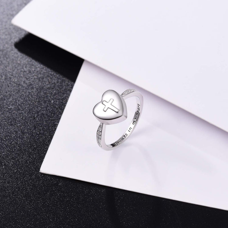 [Australia] - 925 Sterling Silver Cross Urn Finger Ring for Women Always in My Heart Keepsake Memorial Cremation Jewelry urns Rings for Ashes 7 