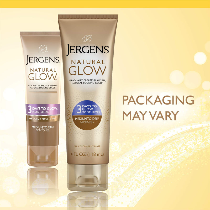 [Australia] - Jergens Natural Glow 3-Day Self Tanner Lotion, Sunless Tanner for Medium to Deep Skin Tone, Sunless Tanning Daily Moisturizer, for Streak-free Color, 4 Ounce Jergens Natural Glow 3 Days to Glow Moisturizer for Body, Medium to Tan Skin Tones, 4 Ounce 