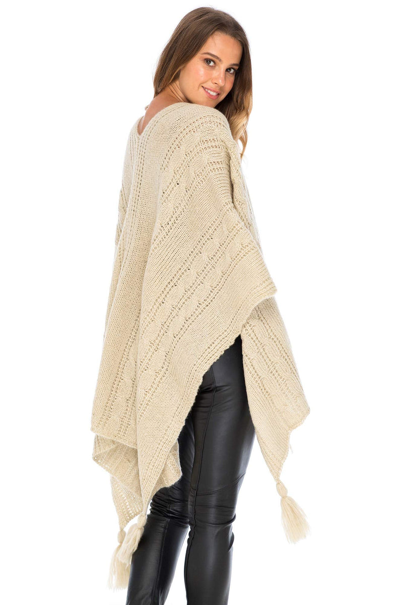 [Australia] - Back From Bali Womens Cable Knit Wrap Shawl Poncho Sweater Boho Long Soft Tassel Fringe Natural Silver 