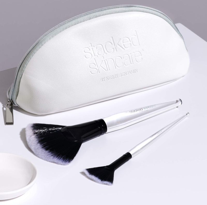 [Australia] - StackedSkincare Fanned Face & Body Brush Set w/Serum Dish& Carrying Case | Fluffy, Super Wide Brushing Surface to Hygienically Apply Serums & Creams 3 Body & Face Fan Brush Set (w/ Serum Dish) 