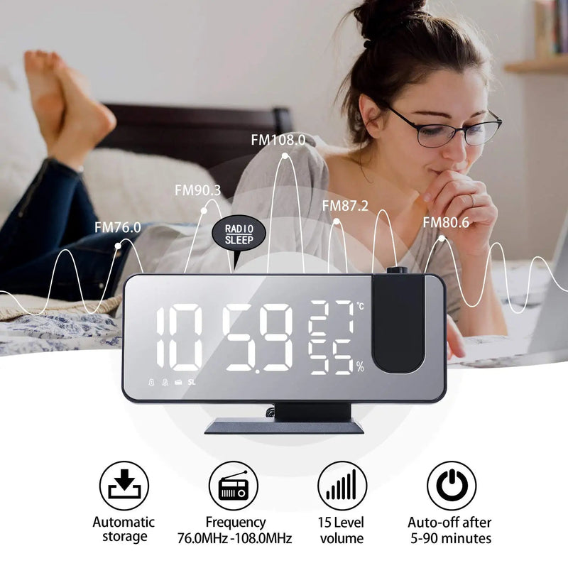 [Australia] - Projection Digital Alarm Clock for Bedrooms, Radio Alarm Clock on Ceiling, USB Charger Port, Temperature & Humidity Display, 7.3” Large Mirror LED Display,12/24H,Snooze,Dual Loud Alarm Clock- 4 Dimmer Black 