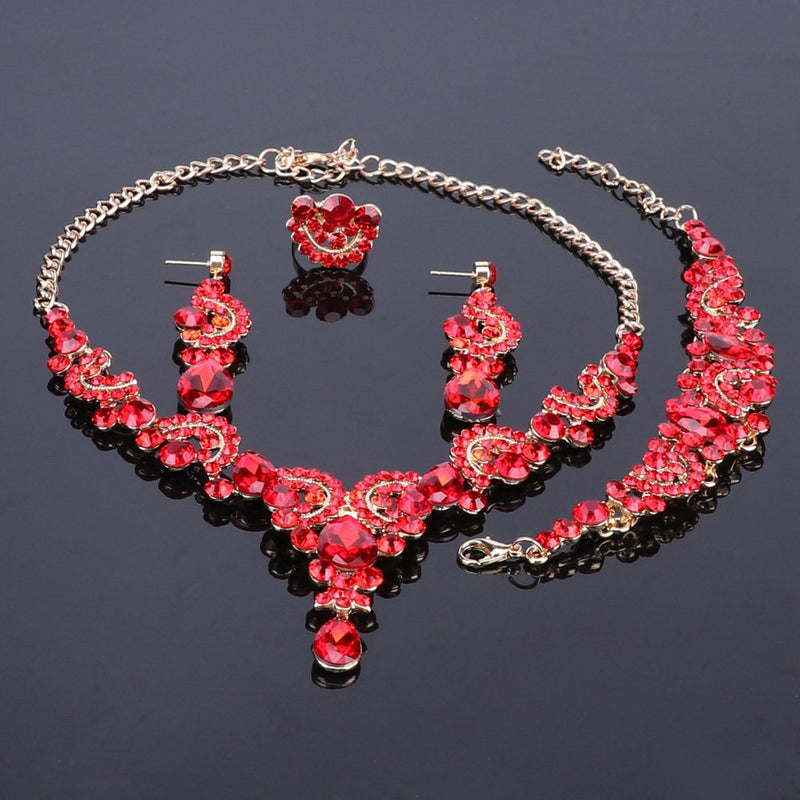 [Australia] - WANG Fashion Crystal Wedding Jewelry Sets for Bride Party Costume Accessories Bridal Necklace Earring Set Red 