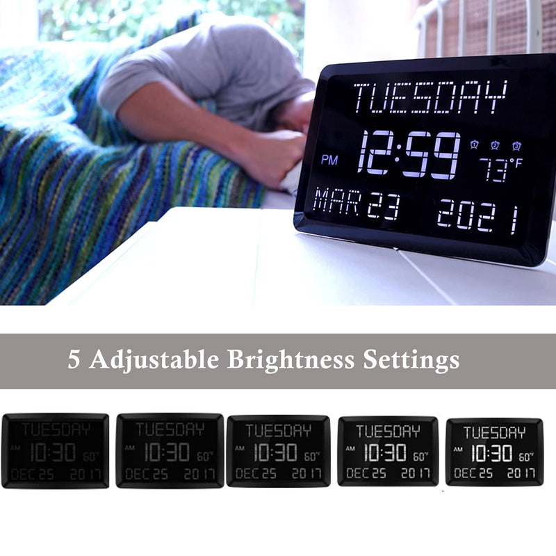 [Australia] - 11.5” Digital Wall Clock with Date,Time,Week,Indoor Temperature,3 Alarms,5 Dimmer,2 USB Chargers,Battery Backup,Snooze,12/24H for Elderly,Parents,Impaired Vision,Dementia,Memory Loss,Office,Bedroom 