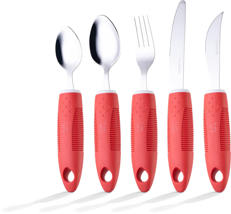 [Australia] - Special Supplies Adaptive Utensils (5-Piece Kitchen Set) Wide, Non-Weighted, Non-Slip Handles for Hand Tremors, Arthritis, Parkinson’s or Elderly Use - Stainless Steel Knives, Fork, Spoons - Red 
