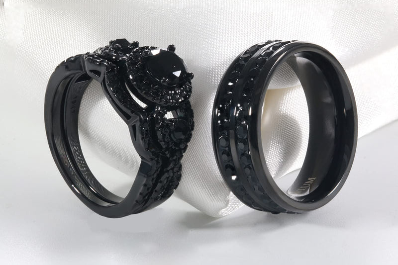 [Australia] - ringheart 2 His and Hers Ring Couple Rings Black Cz Three Stone Womens Wedding Ring Sets Titanium Steel Mens Wedding Bands women's size 6 & men's size10 