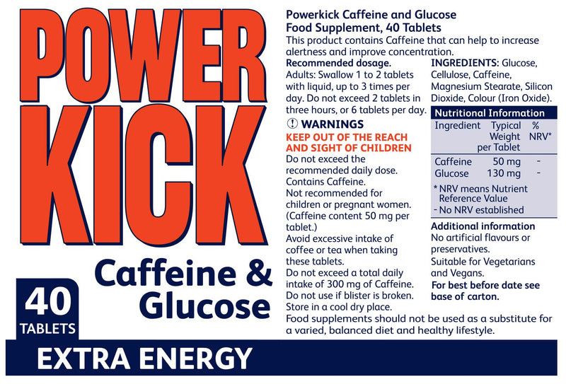 [Australia] - Powerkick Extra Energy Caffeine & Glucose Tablets x 40 - Pack of 6 (240 Tablets in Total) 