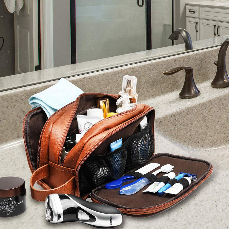 [Australia] - Leather Toiletry Bag for Men, Travel Wash Bag Hanging Makeup Bag Waterproof Gym Shaving Bag Large Capacity Dopp Kit with Sturdy Handle (Brown) Brown 
