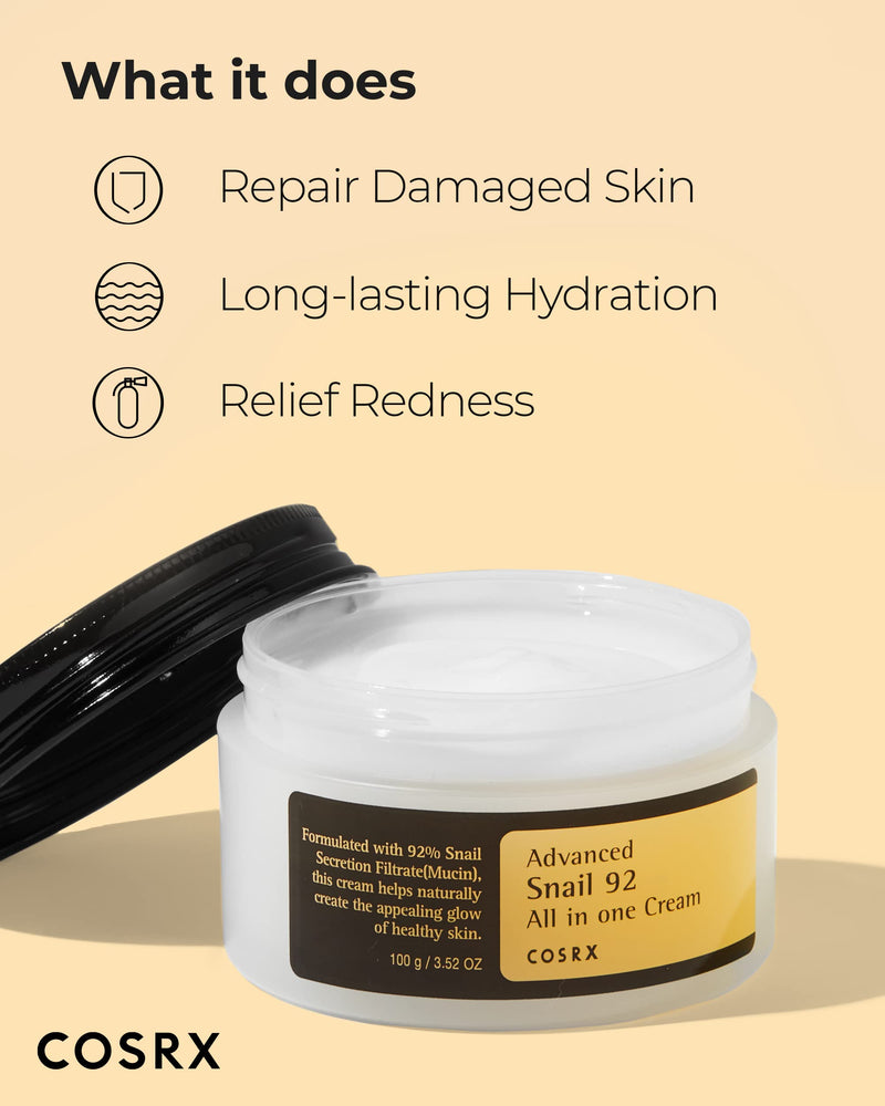 [Australia] - COSRX Advanced Snail 92 All in one Cream, 3.53 oz / 100g | Snail Secretion Filtrate 92% for Moisturizing | Korean Skin Care 