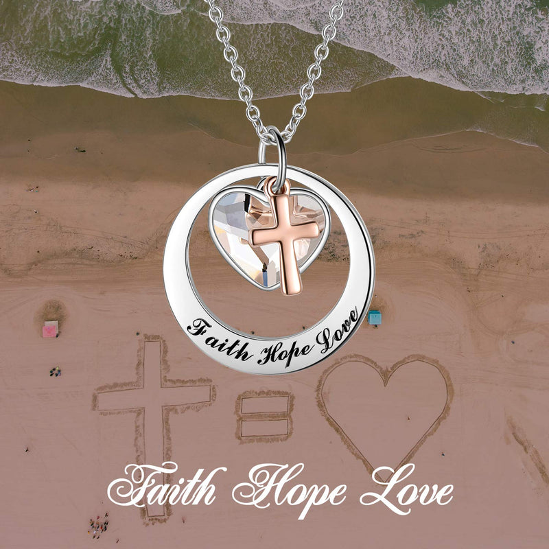 [Australia] - Two-Tone Sterling Silver and Rose Gold or Gold-"Faith Hope Love" Cross Charm Pendant Necklace with Swarovski Crystal Silver & Rose Gold 
