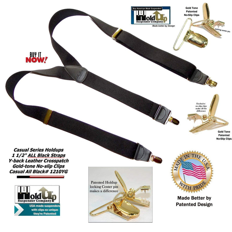 [Australia] - Holdup Casual Series All Black Casual Series Holdup Y-back Suspenders with Gold-tone No-slip Clips 