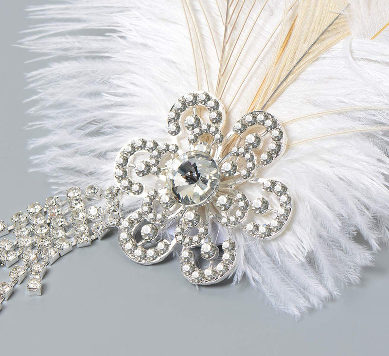 [Australia] - BABEYOND Vintage 1920s Flapper Headband Roaring 20s Great Gatsby Headpiece with Peacock Feather 1920s Flapper Gatsby Hair Accessories White 