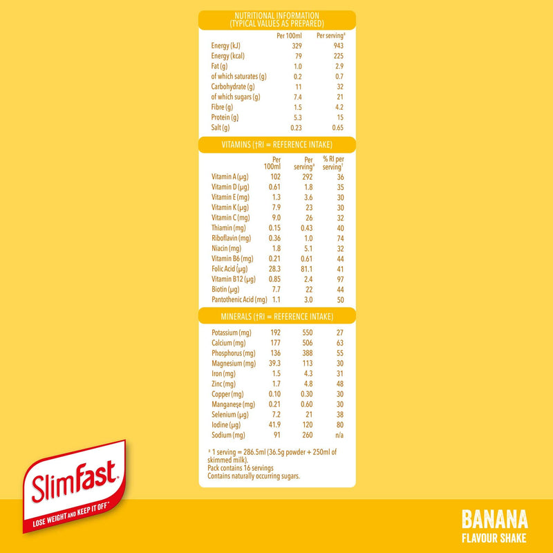 [Australia] - SlimFast Balanced Meal Shake, Healthy Shake for Balanced Diet Plan with Vitamins and Minerals, High in Fibre, Banana Flavour, 16 Servings, 584 g (Pack of 1) 