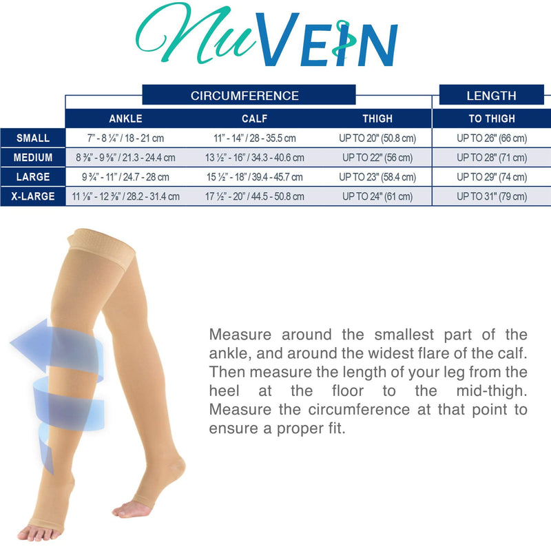 [Australia] - Nuvein Medical Compression Stockings, 20-30 mmHg Support, Women & Men Thigh Length Hose, Open Toe, Black, Large Large (1 Pair) 