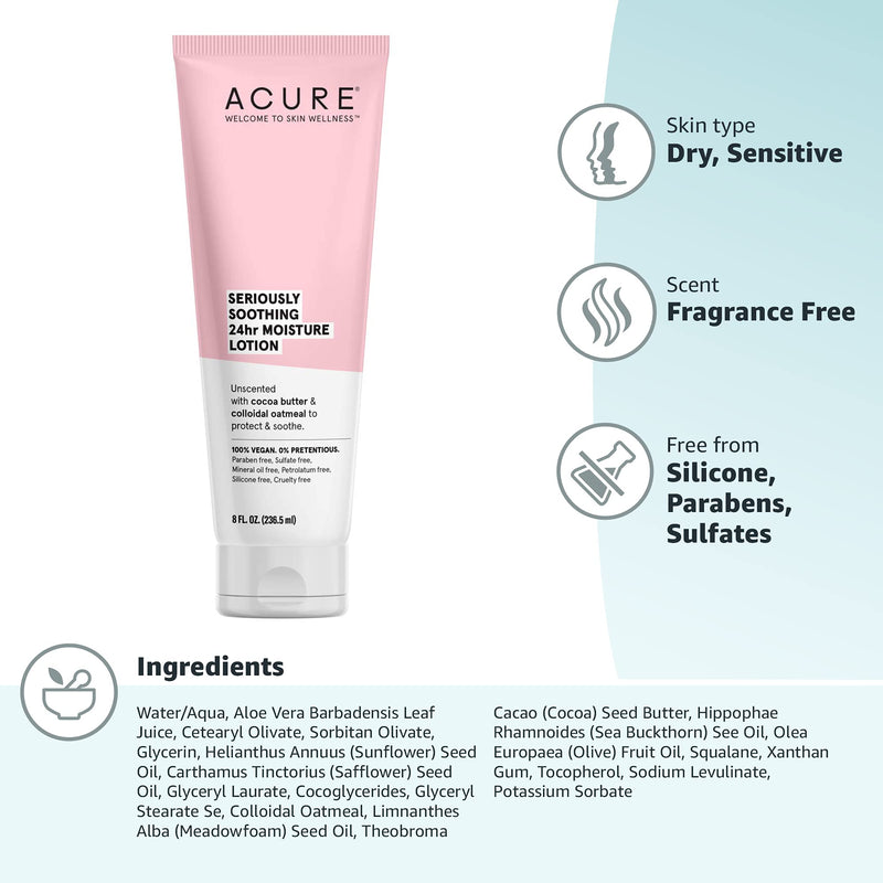 [Australia] - Acure Seriously Soothing 24HR Moisture Lotion 100% Vegan Cocoa Butter & Colloidal Oatmeal, Unscented, 8 Fl Oz 