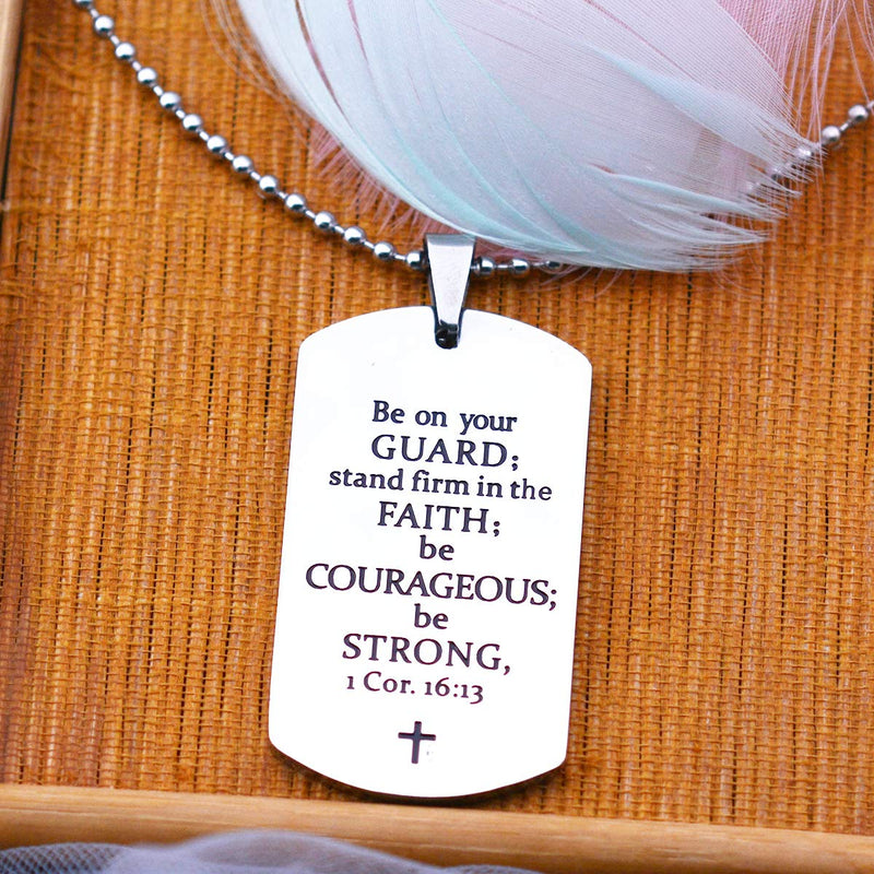 [Australia] - Stpower Baptism Gift Stainless Steel Dog Tag Bible Verse Pendant Necklace Christian Gift Be on your guard stand firm in the faith be courageous be strong 